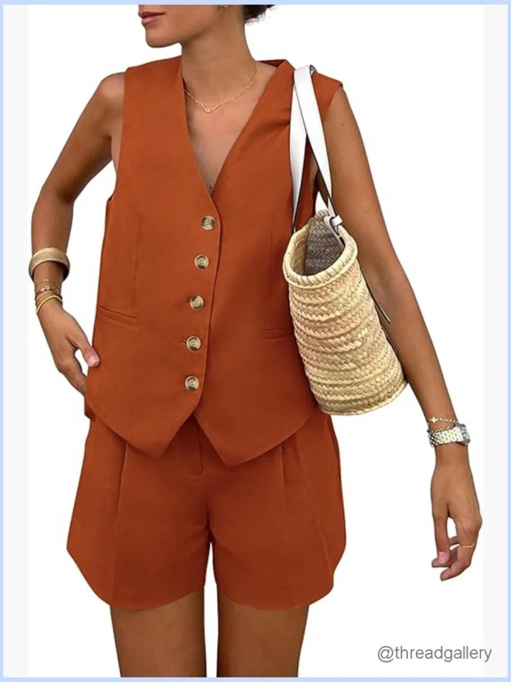 Women's 2 Piece Vest & Shorts Set Button Down Sleeveless Casual Matching Summer